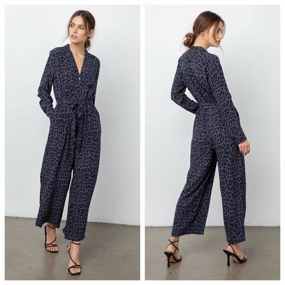 Rails Womens Jumpsuit Callan Azure Leopard Longsleeve Wide Leg Pants Medium M